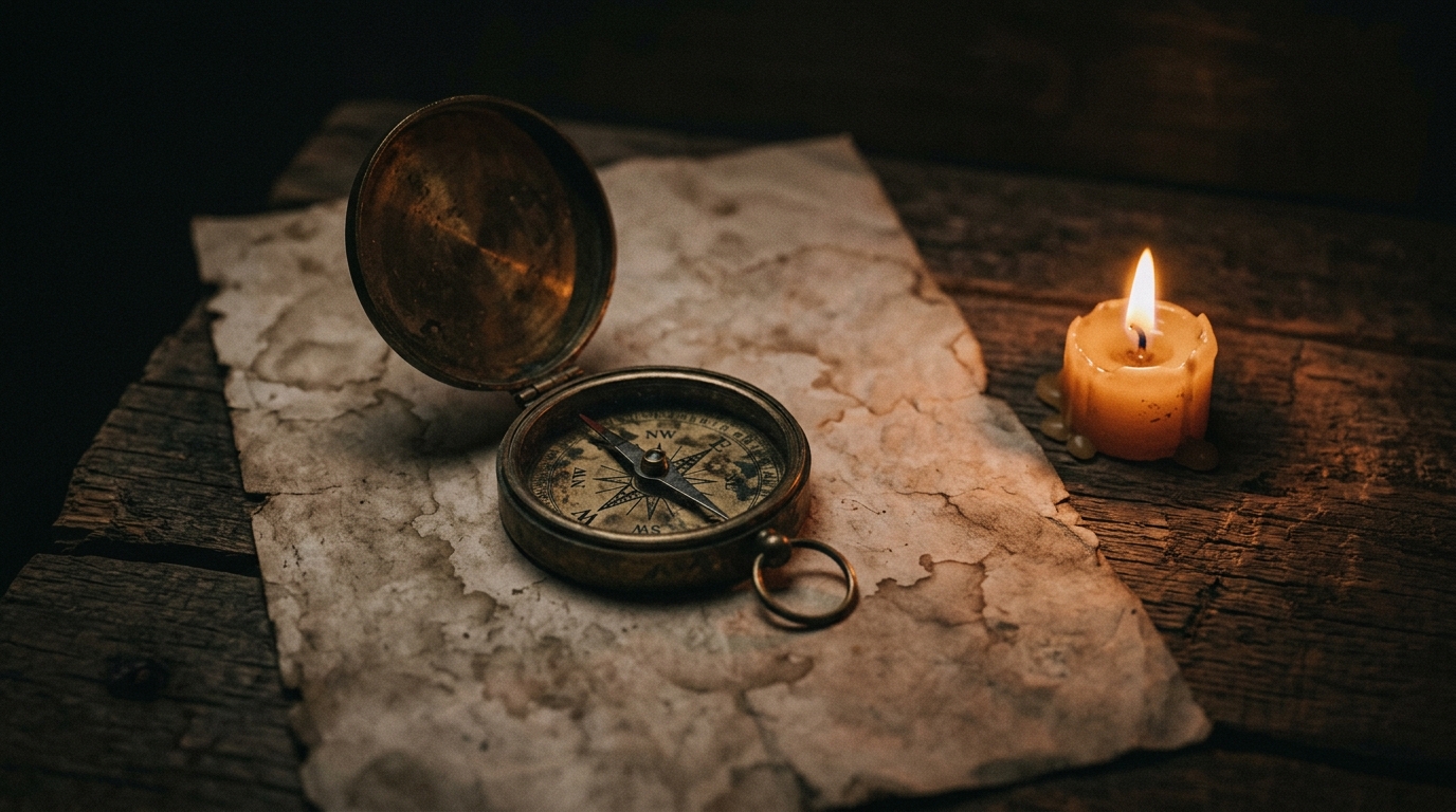 A weathered compass resting on aged paper beside a dim candleflame, earth tones, cinematic grain